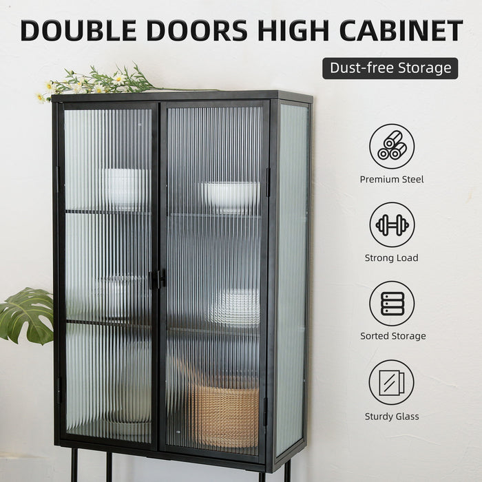 Retro Style Fluted Glass High Cabinet Storage Dual Doors Three Detachable Wide Shelves Enclosed Dust - Free Storage For Living Room Bathroom Dining Room Kitchen Room Entryway, Black (Old Sku:W68734128)