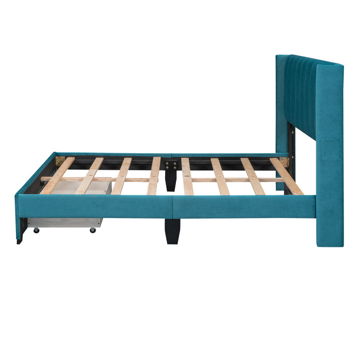 Full Size Storage Bed Velvet Upholstered Platform Bed With Big Drawer - Blue