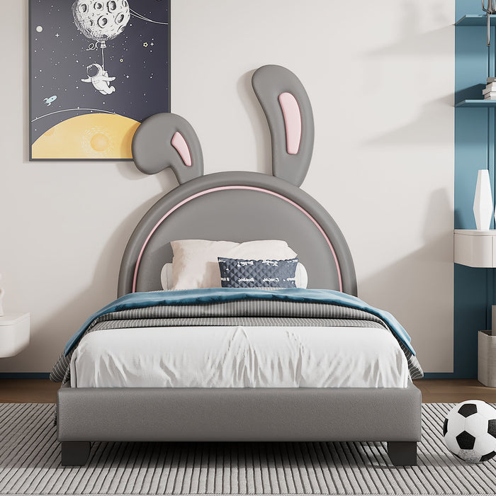 Twin Size Upholstered Leather Platform Bed With Rabbit Ornament, Gray