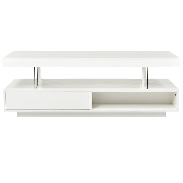 U-Can Led Coffee Table With Storage, Modern Center Table With 2 Drawers And Display Shelves, Accent Furniture With Led Lights For Living Room, White