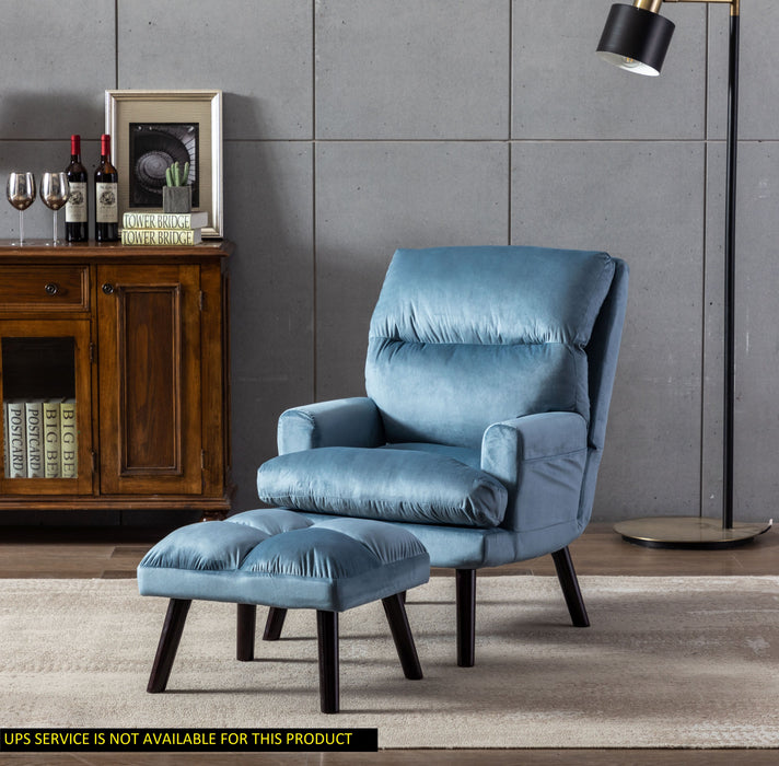 Soft Comfortable 1 Piece Accent Click Clack Chair With Ottoman Light Blue Fabric Upholstered Black Finish Legs Living Room Furniture
