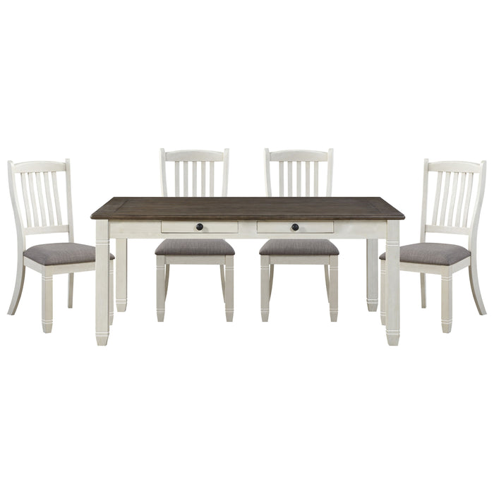 Antique White Finish Dining 5 Pieces Set Table With 6 Drawers And 4 Side Chairs Upholstered Seats Casual Style Dining Room Furniture