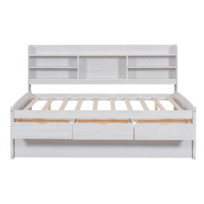 Full Size Wooden Captain Bed With Built - In Bookshelves, Three Storage Drawers And Trundle, White