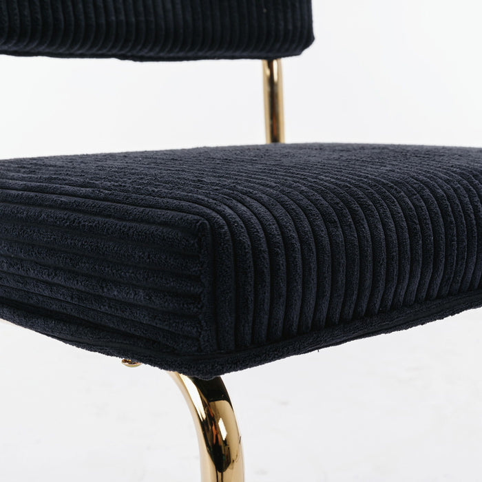 A&A Furniture, Modern Dining Chairs With Corduroy Fabric, Gold Metal Base, Accent Armless Kitchen Chairs With Channel Tufting, Side Chairs (Set of 2) Black
