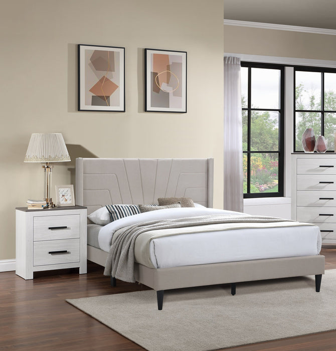 Light Brown Color 1 Piece Queen Size Bed Burlap Fabric Headboard Upholstered Bedroom Furniture Platform Bedframe