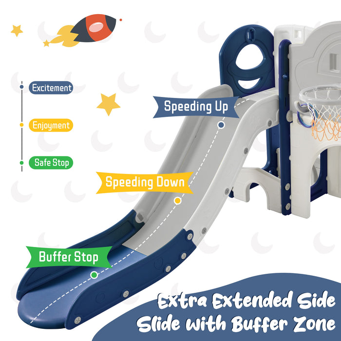 Kids Slide Playset Structure 9 In 1, Freestanding Spaceship Set With Slide, Arch Tunnel, Ring Toss, Drawing Whiteboardl And Basketball Hoop For Toddlers, Kids Climbers Playground - Blue / Grey