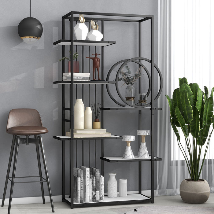 6 Tiers Home Office Bookcase Open Bookshelf With Black Metal Frame Storage Large Bookshelf Furniture, White