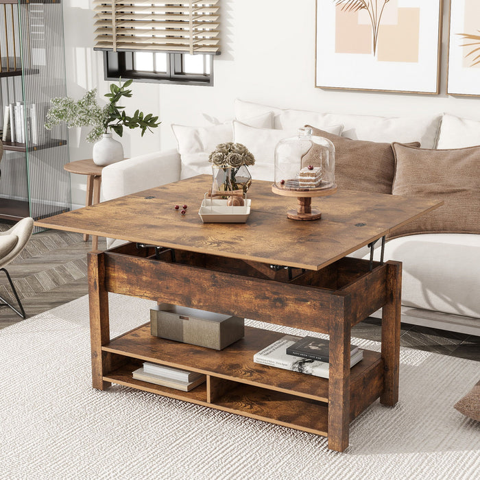 On-Trend Lift Top Coffee Table, Multi-Functional Coffee Table With Open Shelves, Modern Lift Tabletop Dining Table For Living Room, Home Office, Rustic Brown