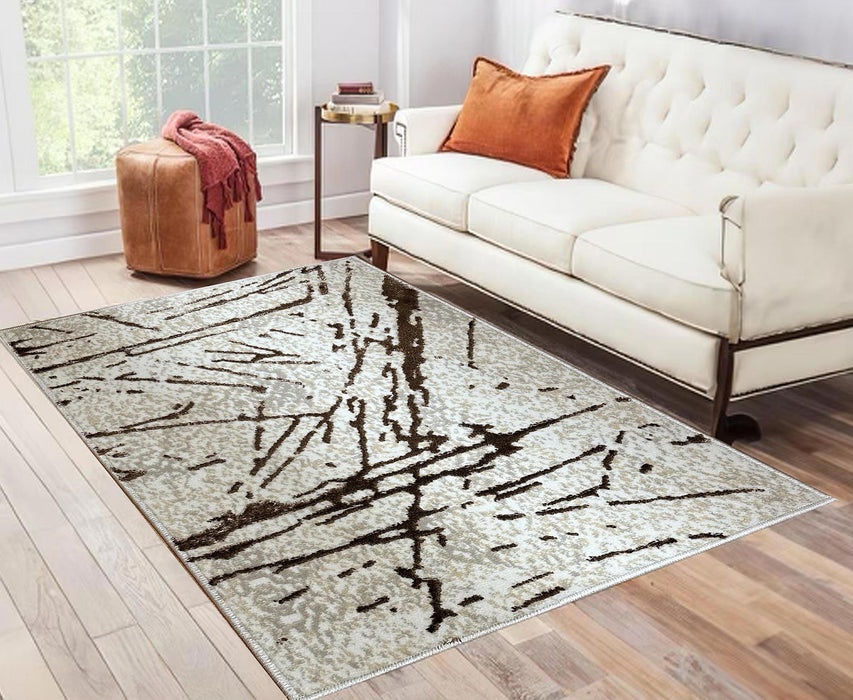 Shifra Luxury Area Rug In Beige And Gray With Bronze Abstract Design