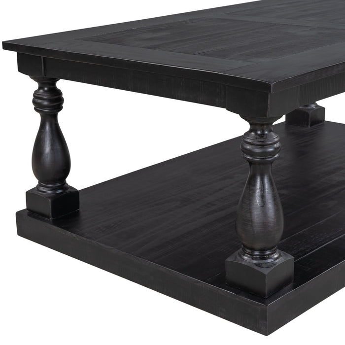 U_Style Rustic Floor Shelf Coffee Table With Storage, Solid Pine Wood - Black