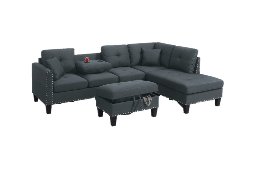 Living Room Furniture 3 Pieces Sectional Sofa Set LAF Sofa RAF Chaise And Storage Ottoman Cup Holder Charcoal Color Linen-Like Fabric Couch