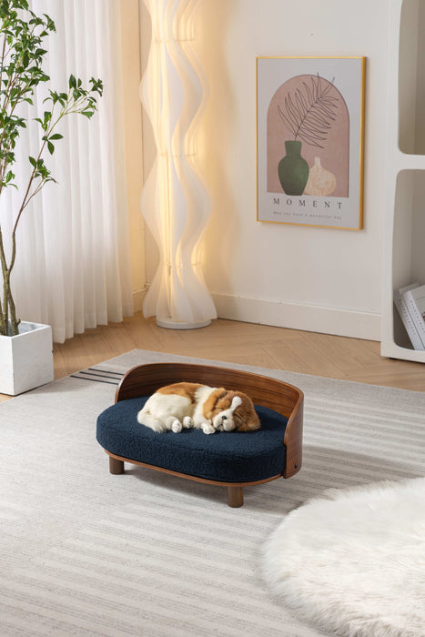 Scandinavian Style Elevated Dog Bed Pet Sofa With Solid Wood Legs And Bent Wood Back, Cashmesh Cushion, Walnut Wood, Dark Blue Cashmesh