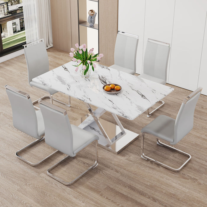 Modern White Rectangular Marble Textured Glass Dining Table And Office Desk Equipped With Stainless Steel Base Beautiful And Durable
