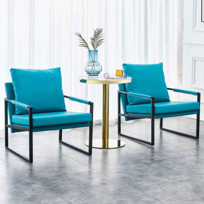 (Set of 2) Sofa Chairs PU Leather Armchair Medieval Modern Upholstered Armchair With Metal Frame, Super Thick Upholstered Backrest And Cushion Sofa, For Living Room (Cyan PU Leather + Metal + Foam)