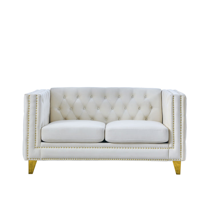 Velvet Sofa For Living Room, Buttons Tufted Square Arm Couch, Modern Couch Upholstered Button And Metal Legs, Sofa Couch For Bedroom, Beige