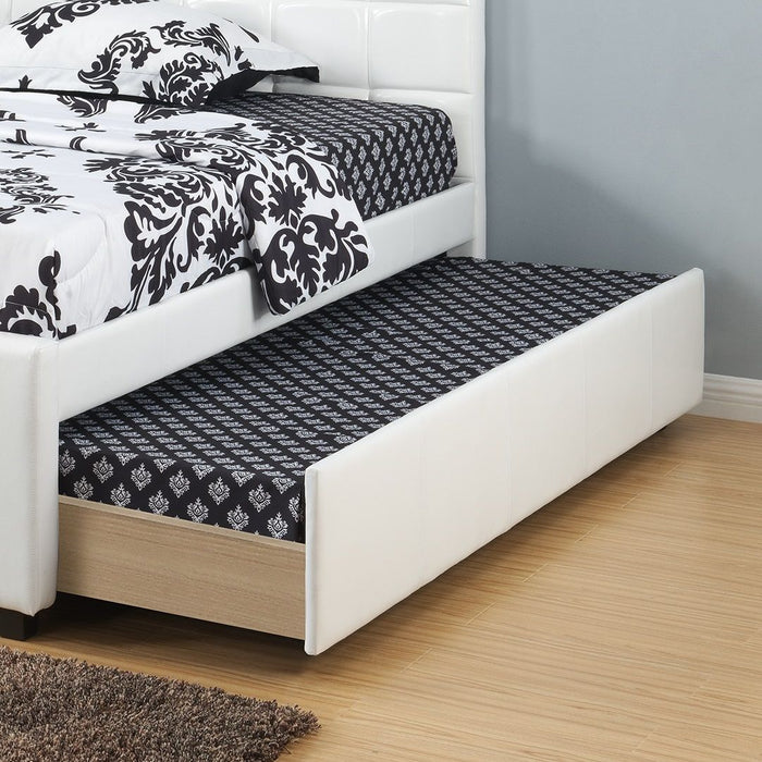 Twin Size Bed With Trundle Slats White Faux Leather Upholstered Plywood Kids Youth Bedroom Furniture Wooden Slats