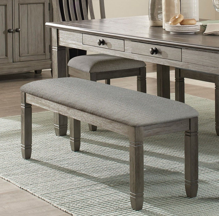Wood Frame Dining Bench 1 Piece Antique Gray Finish Frame With Neutral Tone Gray Fabric Seat