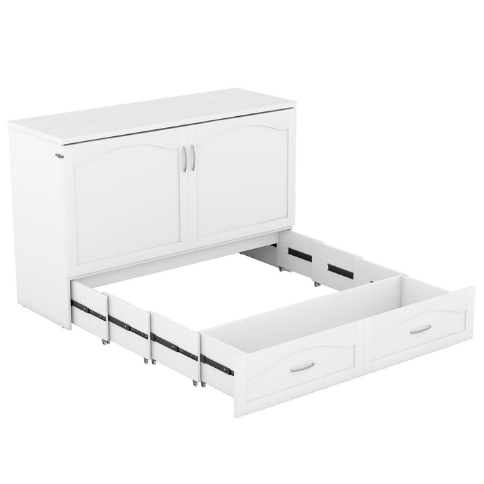 Queen Size Murphy Bed Wall Bed With Drawer And A Set Of Sockets & USB Ports, Pulley Structure Design, White