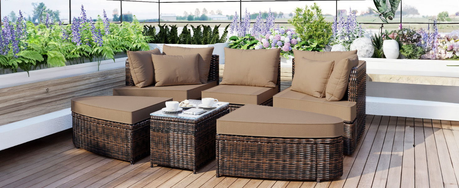 Topmax 6 Piece Patio Outdoor Conversation Round Sofa Set, PE Wicker Rattan Separate Seating Group With Coffee Table, Brown