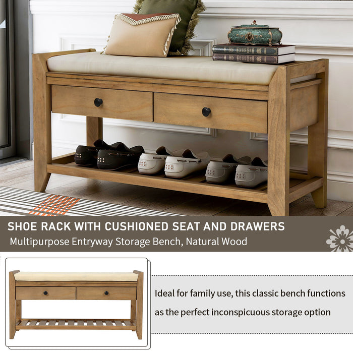 Trexm Shoe Rack With Cushioned Seat And Drawers, Multipurpose Entryway Storage Bench - Old Pine