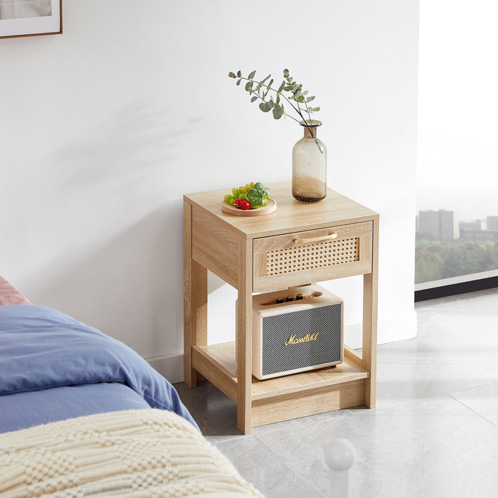 Rattan End Table With Drawer, Modern Nightstand, Side Table For Living Roon, Bedroom, Natural
