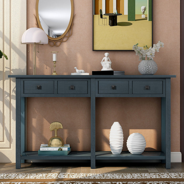 Trexm Rustic Brushed Texture Entryway Table Console Table With Drawer And Bottom Shelf For Living Room (Antique Navy)
