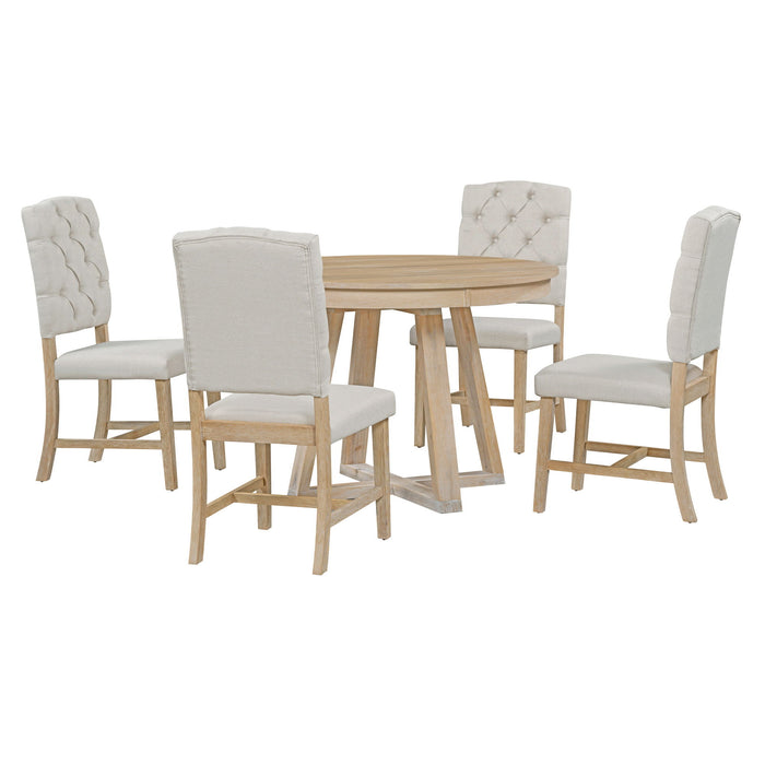 Trexm 5 Piece Retro Functional Dining Set, Round Table With A 16"With Leaf And 4 Upholstered Chairs For Dining Room And Living Room (Natural)