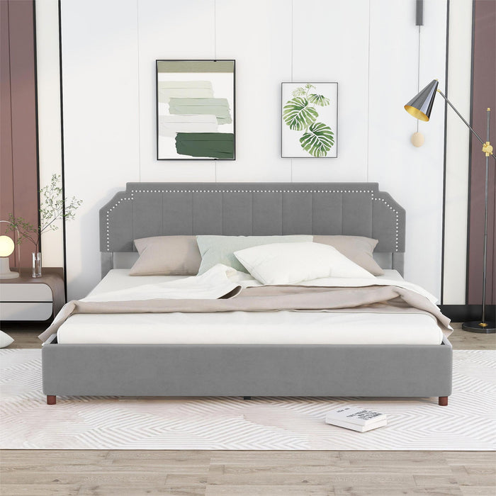 King Size Upholstery Platform Bed With Four Storage Drawers, Support Legs, Grey