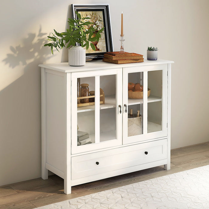 Buffet Storage Cabinet With Double Glass Doors And Unique Bell Handle - White