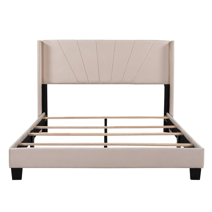 Queen Size Velvet Upholstered Platform Bed, Box Spring Needed Beige