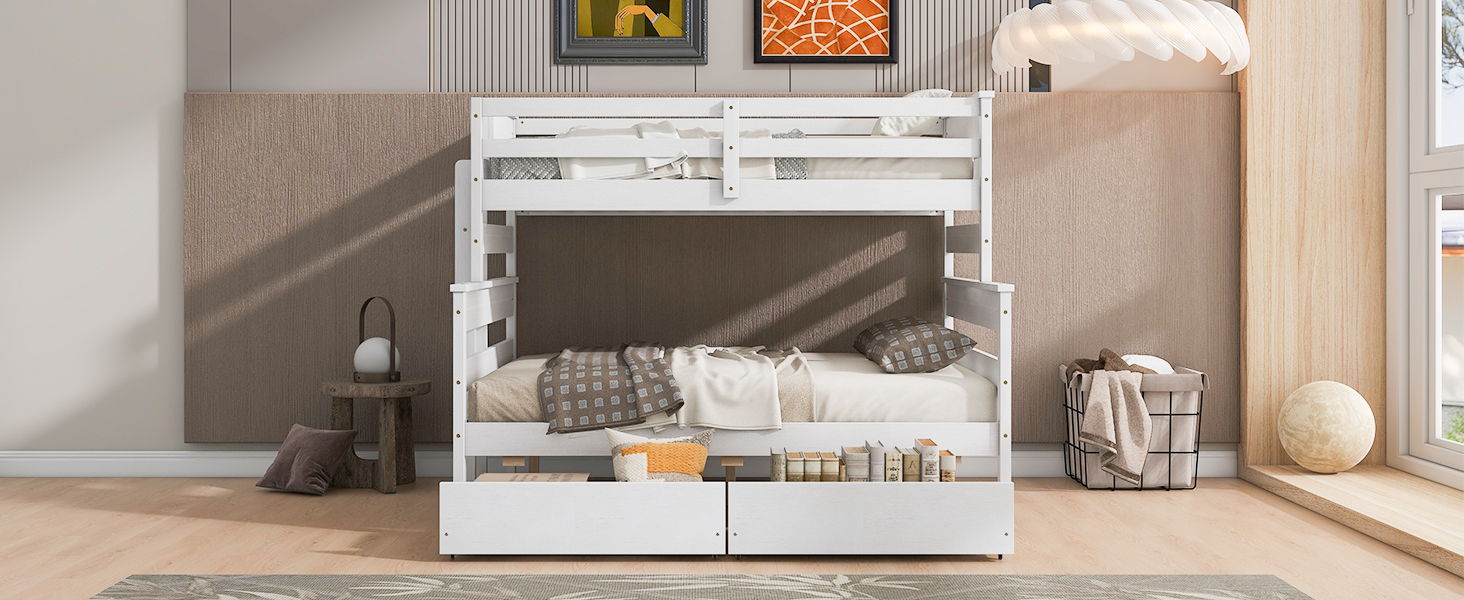 Wood Twin Over Full Bunk Bed With 2 Drawers, White