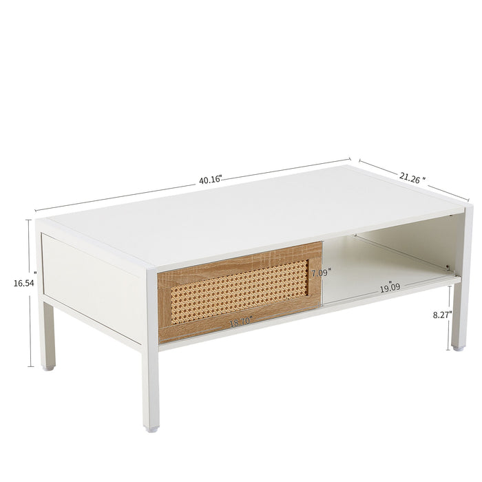 Rattan Coffee Table, Sliding Door For Storage, Metal Legs, Modern Table For Living Room, White