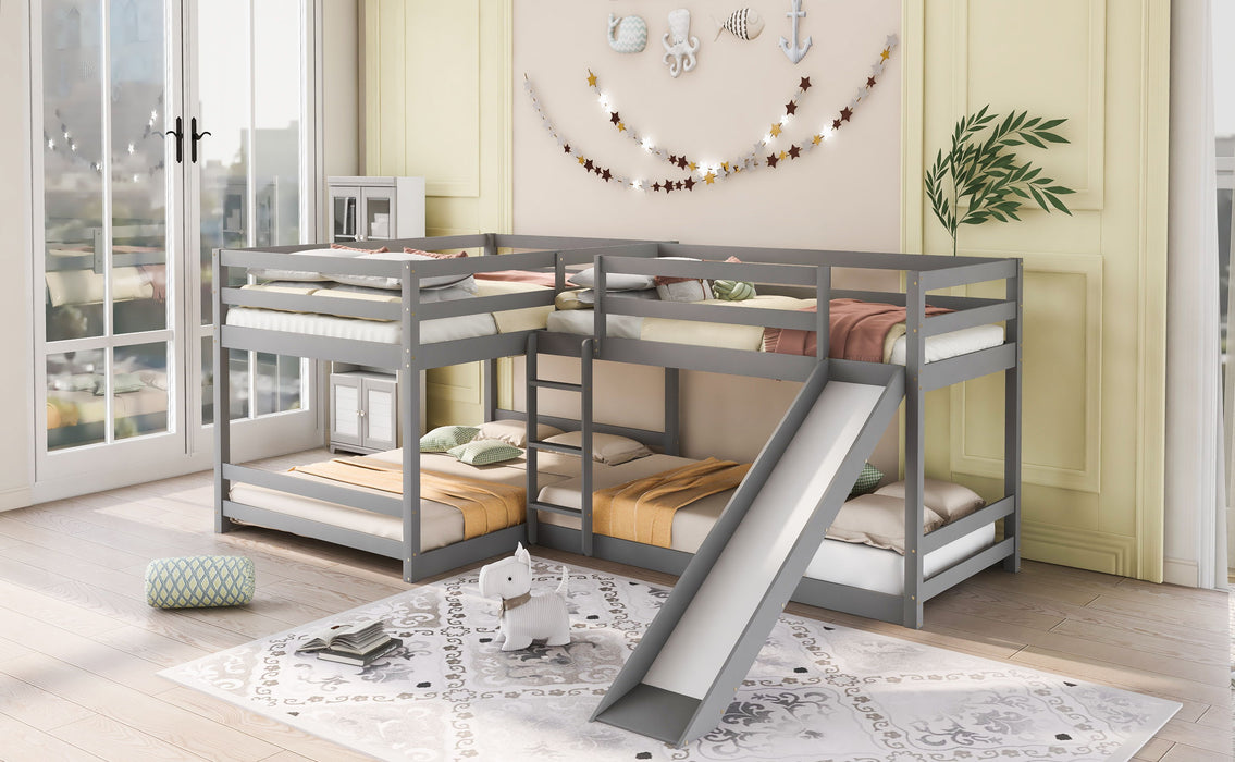 Full And Twin Size Shaped Bunk Bed With Slide And Short Ladder, Gray