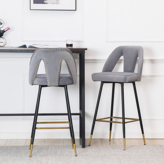 Akoya Collection Modern Contemporary Velvet Upholstered Connor 28" Bar Stool & Counter Stools With Nailheads And Gold Tipped Black Metal Legs, (Set of 2) - Gray