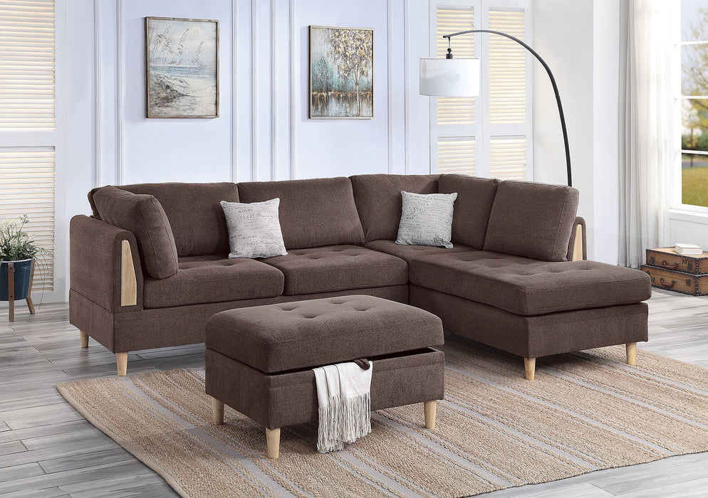 3 Pieces Reversible Sectional Set Living Room Furniture Chocolate Color Chenille Couch Sofa, Reversible Chaise Ottoman