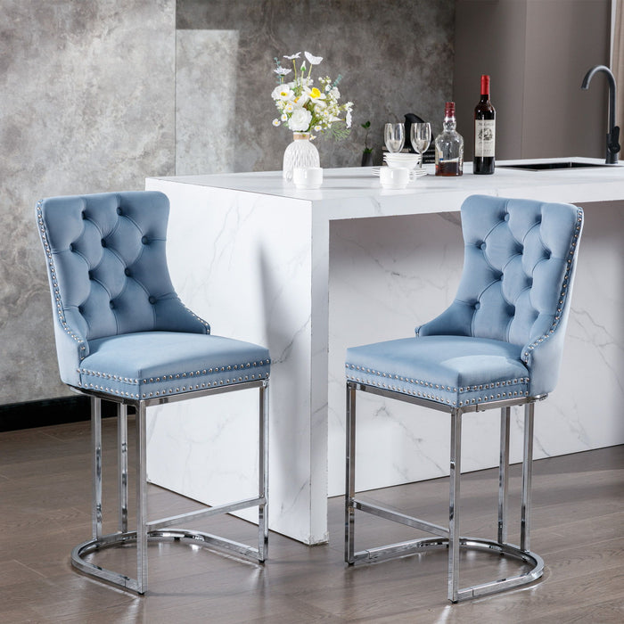 26" Counter Height Bar Stools (Set of 2), Modern Velvet Barstools With Button Back&Rivet Trim Upholstered Kitchen Island Chairs With Sturdy Chromed Metal Base Legs Farmhouse Bar Stools, Light Blue, 2 Pack