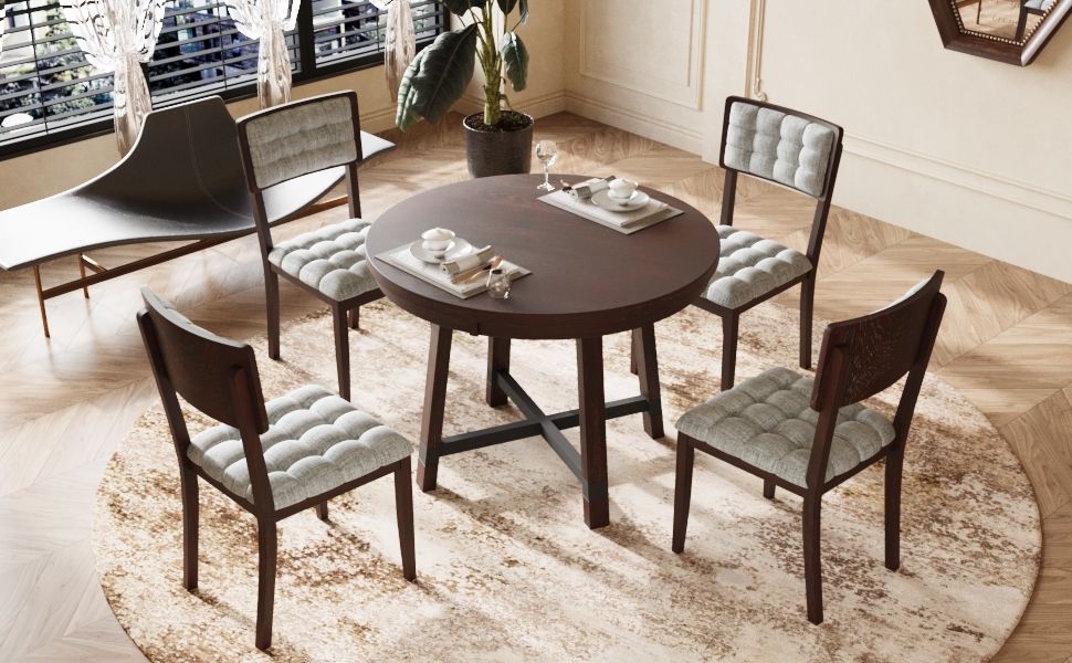 Topmax Rustic Round Dining Table Set With Cross Legs And Upholstered Dining Chairs For Small Places, Espresso