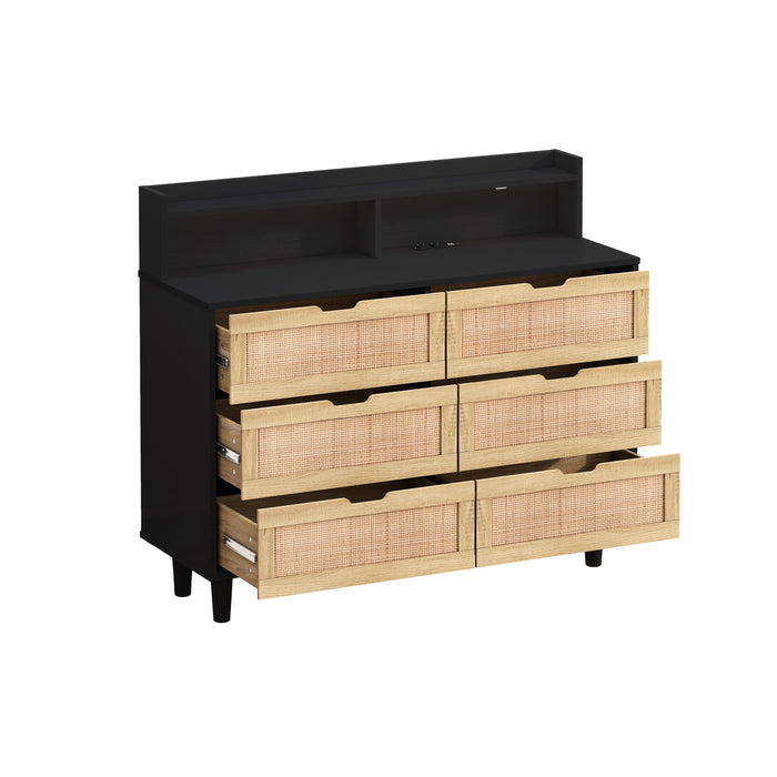 6-Drawers Rattan Storage Cabinet Rattan Drawer With LED Lights And Power Outlet, For Bedroom, Living Room, Black