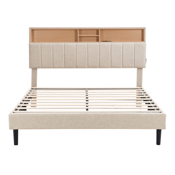 Queen Size Upholstered Platform Bed With Storage Headboard And USB Port, Linen Fabric Upholstered Bed (Beige)