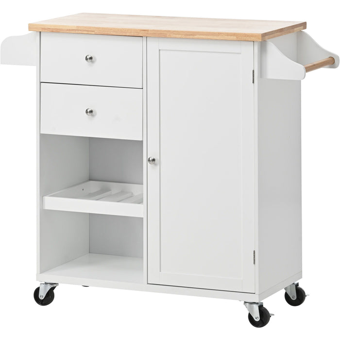 K & K Store Kitchen Cart With Spice Rack, Towel Rack & Two Drawers, Rubber Wood Top , Kitchen Island With 4 Wheels For Dining Rooms Kitchens Living Rooms, White