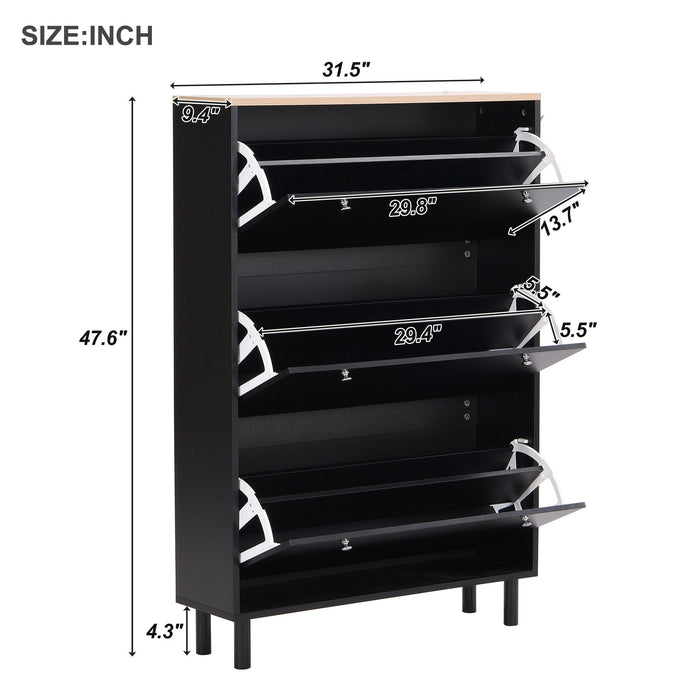 On-Trend Narrow Design Shoe Cabinet With 3 Flip Drawers, Wood Grain Pattern Top Entryway Organizer With 3 Hooks, Free Standing Shoe Rack With Adjustable Panel For Hallway, Black