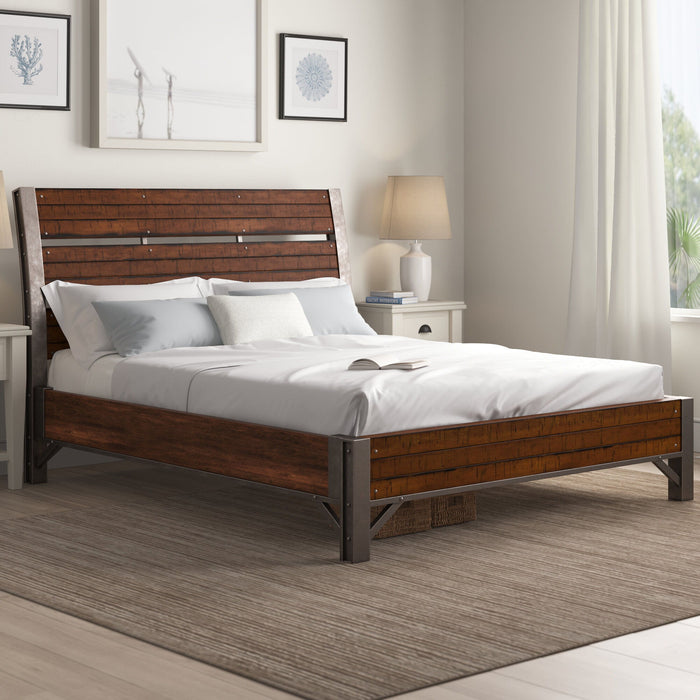 Industrial Design Platform Bed 1 Piece Eastern King Size Horizontal Slats Rustic Brown And Gunmetal Finish Bedroom Furniture