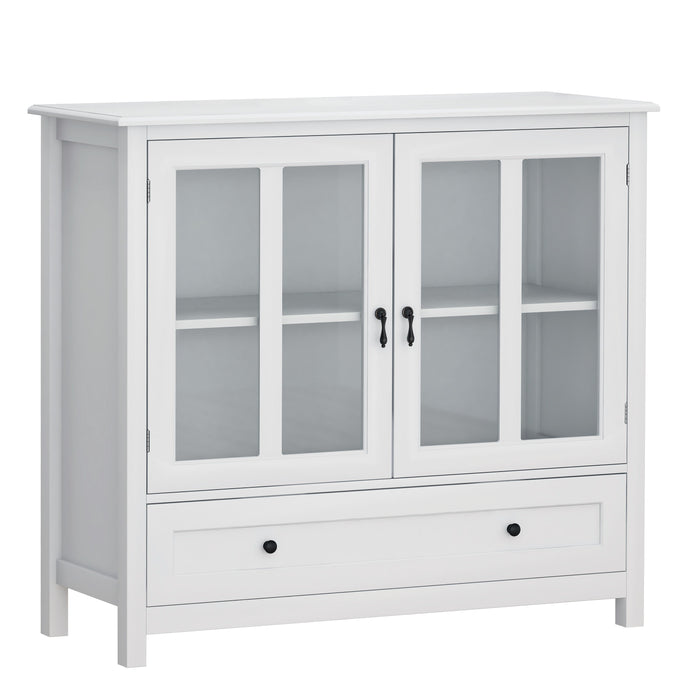 Buffet Storage Cabinet With Double Glass Doors And Unique Bell Handle - White