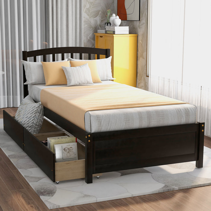 Twin Platform Storage Bed Wood Bed Frame With Two Drawers And Headboard, Espresso