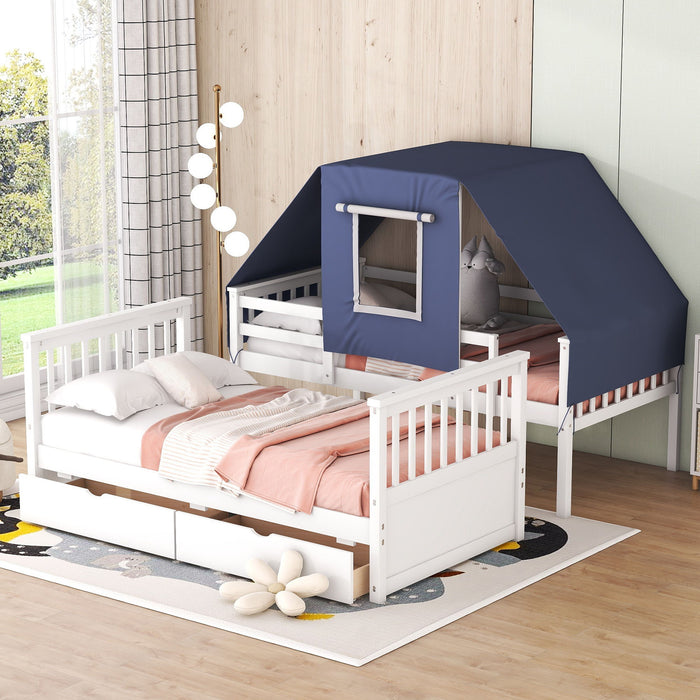 Twin Over Twin Bunk Bed Wood Bed With Tent And Drawers, White / Blue Tent