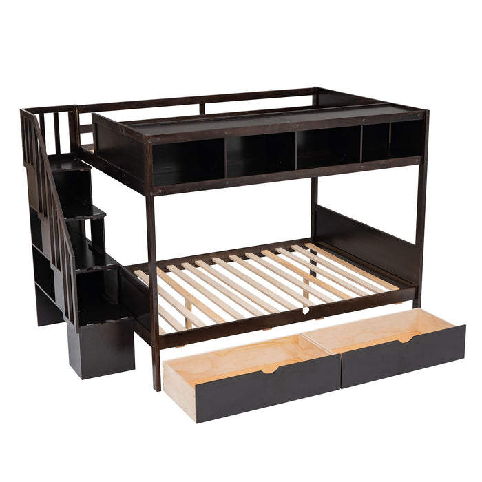 Twin Over Full Bunk Bed With Shelfs, Storage Staircase And 2 Drawers - Espresso