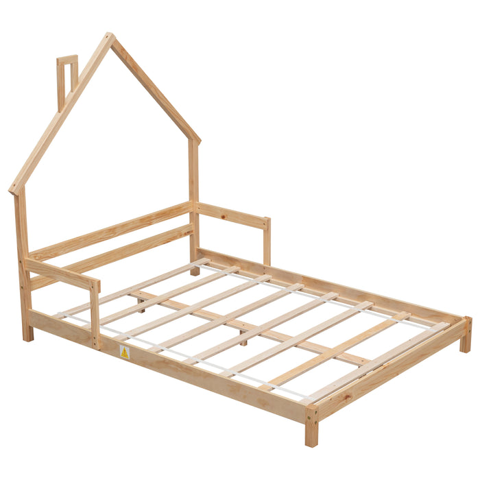 Full House - Shaped Headboard Bed With Handrails, Slats, Natural