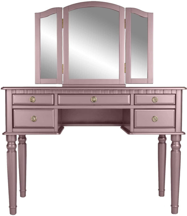 Bedroom Contemporary Vanity Set Foldable Mirror Stool Drawers Rose Gold Color