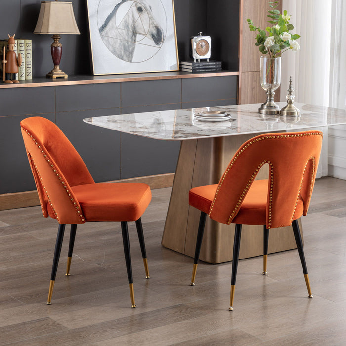 Akoya Collection Modern Contemporary Velvet Upholstered Dining Chair With Nailheads And Gold Tipped Black Metal Legs, Orange, (Set of 2)