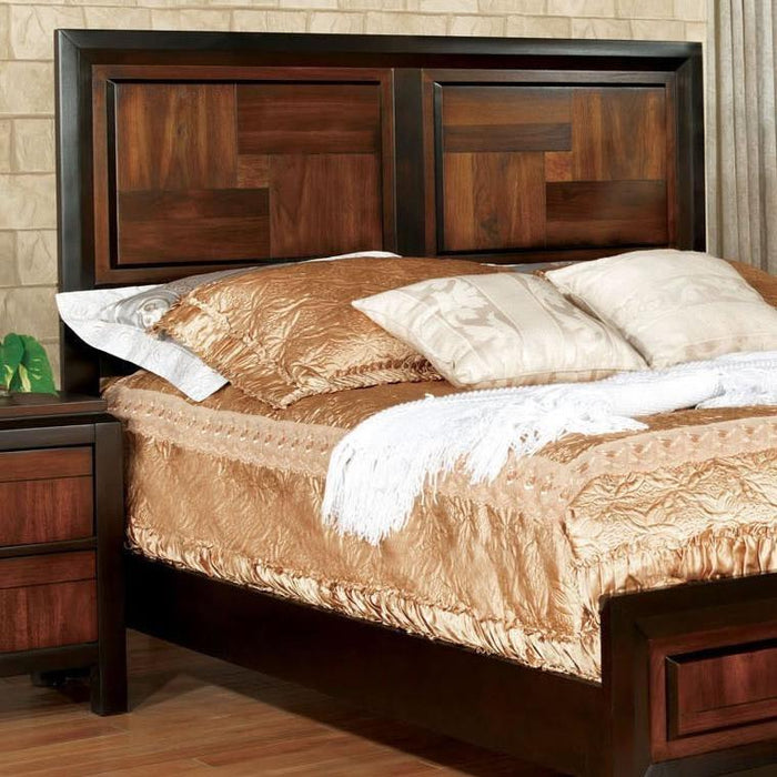 Transitional Queen Size Bed Acacia / Walnut Solidwood 1 Pieces Bed Bedroom Furniture Parquet Design Headboard And Footboard Bedframe